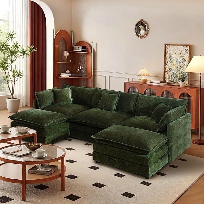 SoarFlash Chenille Sectional Sofa, Comfy L Shaped Modular Coush Sofa with Ottoman, Modern 3 Seat Couch Deep Seat Sofa Set for Living Room,Green
