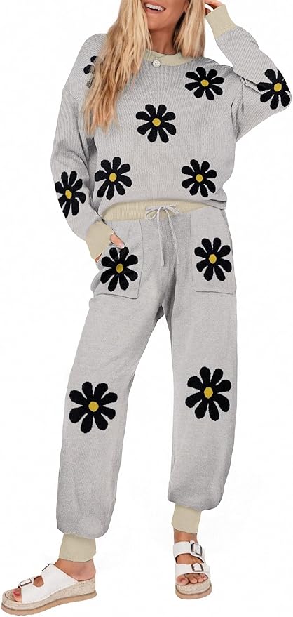 Ekouaer Women's 2 Piece Lounge Set Long Sleeve Knit Pajamas Sweatsuit Jogger Pant Outfits With Pockets S-XXL
