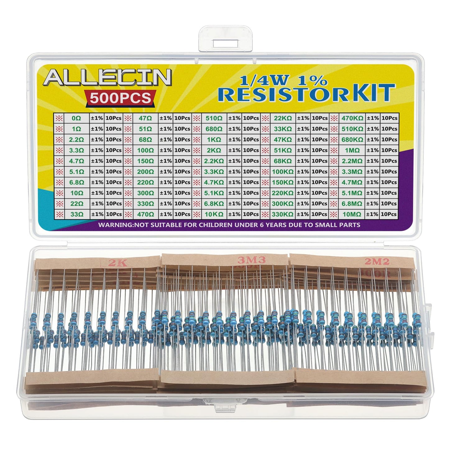 ALLECIN 50 Values 1/4W 0 Ohm-10M Ohm ±1% Tolerance Metal Film Resistor Assorted 1/4 Watt Common Fixed Resistors Assortment Kit