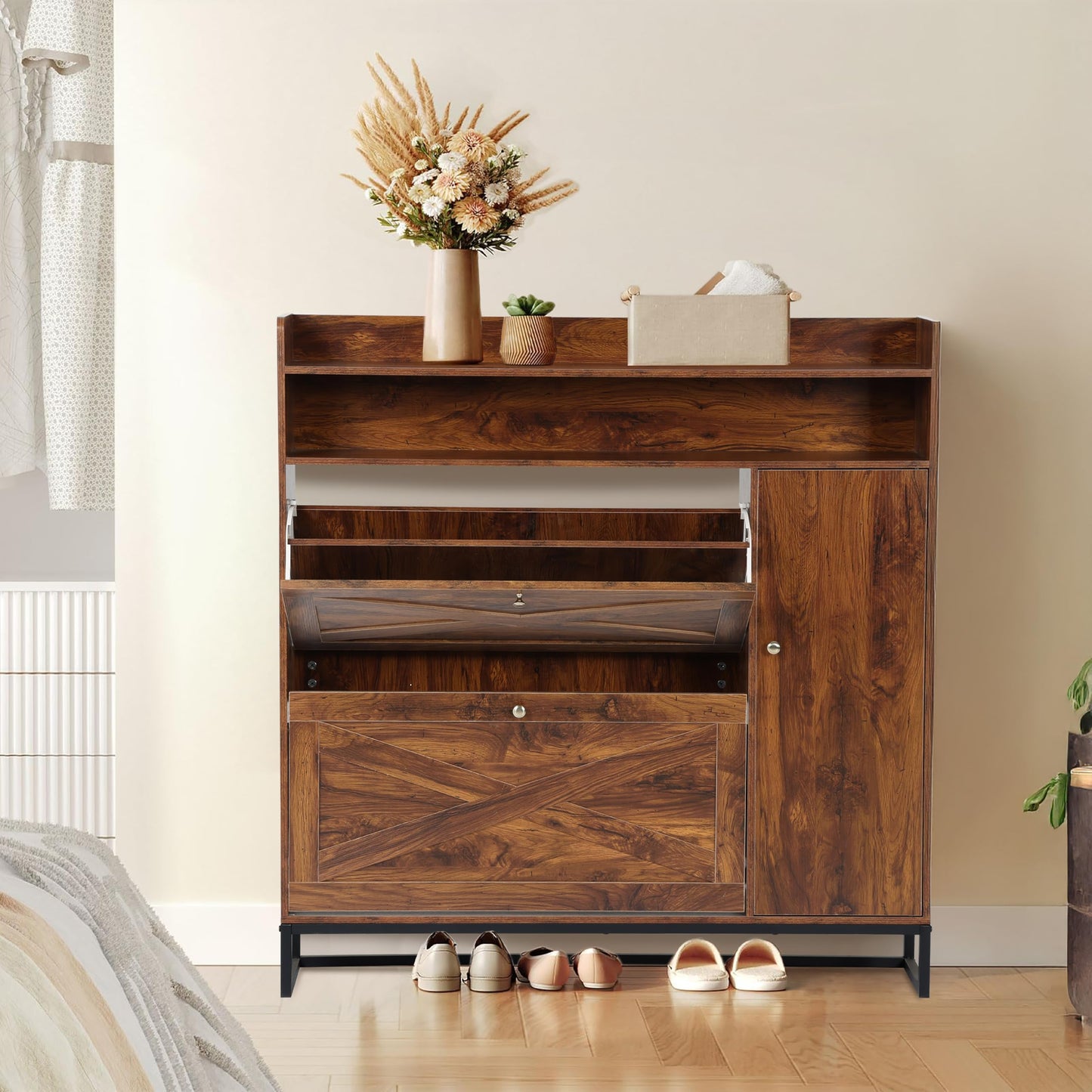 SunSettler Shoe Storage Cabinet with 2 Flip Drawers & Side Cabinet, Freestanding Shoe Organizer with Metal Legs for Entryway, Narrow Shoe Rack Cabinet, Rustic Brown