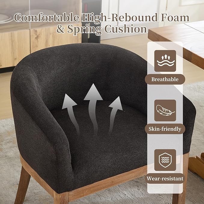Shenyon Mid Century Modern Dining Chairs Set of 4, Upholstered Linen Fabric Dining Room Chairs with Arms and Solid Wood Legs, Comfy Barrel Accent Chairs for Dining Room, Living Room, or Cafe,Black