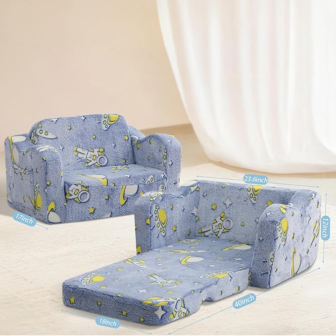 MeMoreCool Toddler Folding Sofa Chair – Denim Rocket Glow-in-The-Dark Plush Lounger 2-in-1 Couch & Recliner | Machine Washable | Soft Kids Seat for Playroom or Nursery