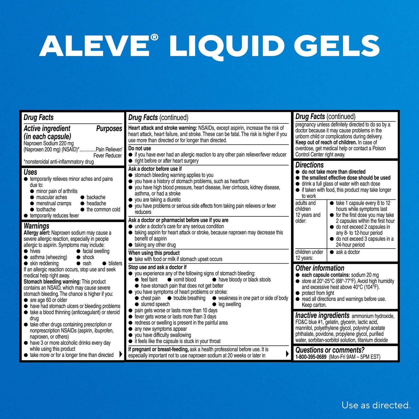 Aleve Liquid Capsules, Naproxen Sodium Capsules 220 mg (NSAID), Pain Reliever/Fever Reducer, Fast Pain Relief, 120 Count