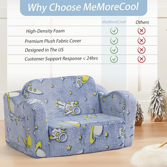 MeMoreCool Toddler Folding Sofa Chair – Denim Rocket Glow-in-The-Dark Plush Lounger 2-in-1 Couch & Recliner | Machine Washable | Soft Kids Seat for Playroom or Nursery