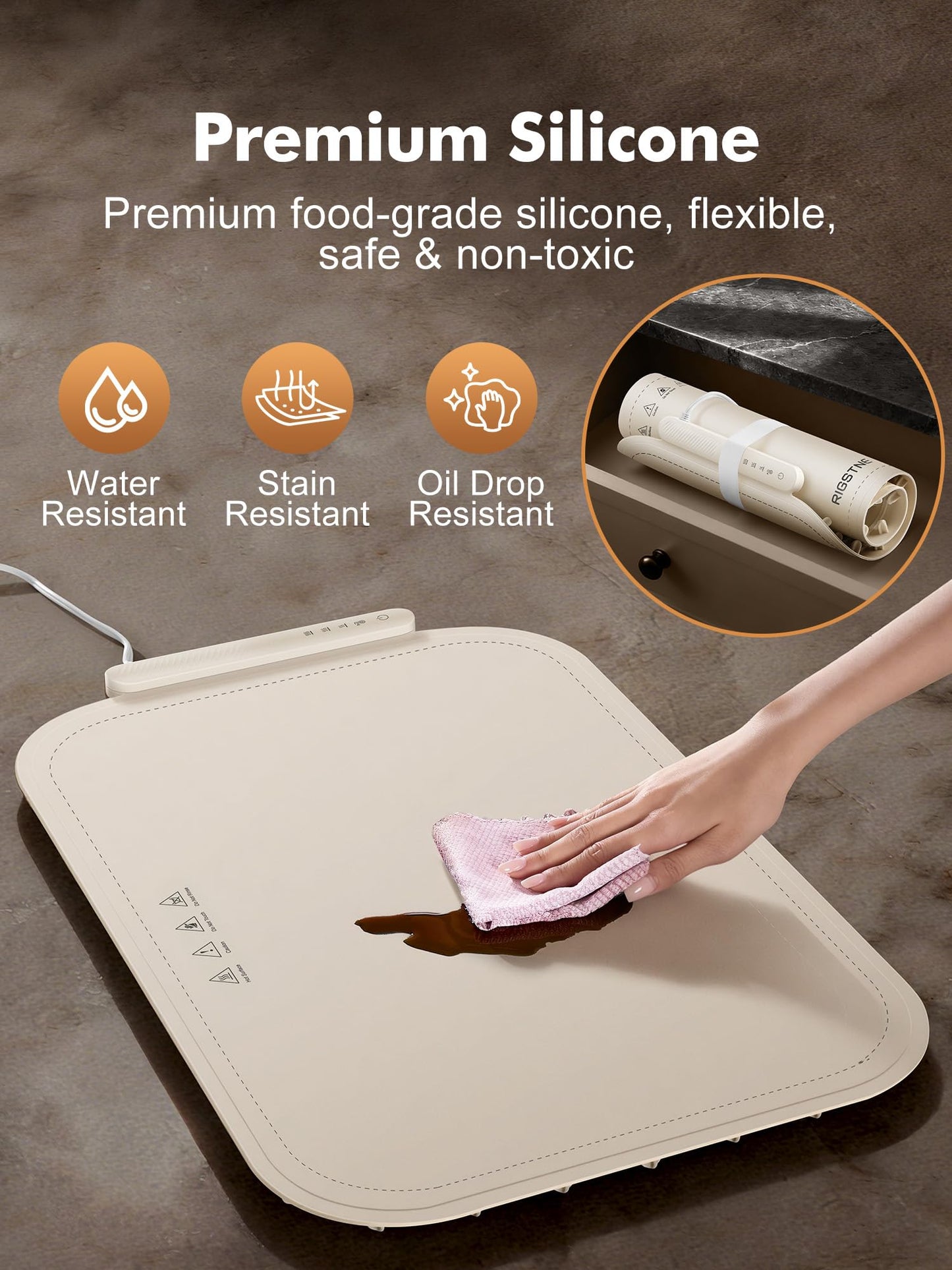 Food Warming Mat, Food Warming Tray with 3 Adjustable Temperature, Full Surface Heating Electric Warming Tray with Auto Shut-Off, Food Grade Silicone Food Warmers for Parties Buffet Countertop (Beige)