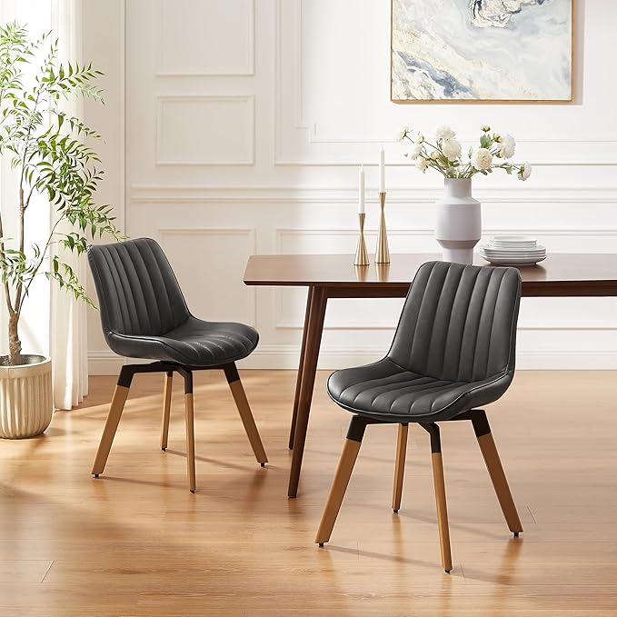 Art Leon Dining Chairs Set of 4, Mid Century Modern Swivel Kitchen Dining Room Chairs, Upholstered Faux Leather Armless Side Chairs with Wood Legs for Living Room Bedroom, Dark Gray
