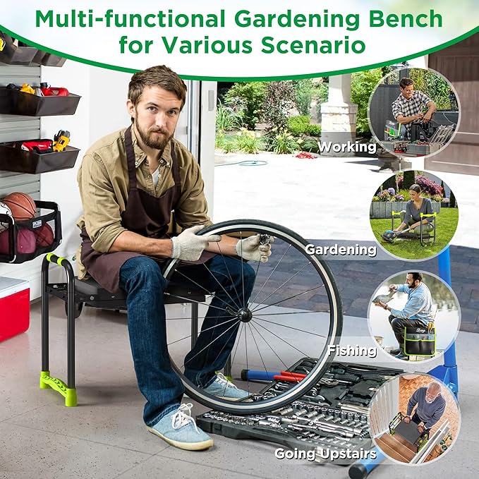LOENIY 10.8” Wide Garden Kneeler and Seat, Heavy Duty Foldable Gardening Stool with Tool Belt Pouch, Portable Gardening Bench Chair for Seniors & Parents, Non-Slip & Easy Grip Design