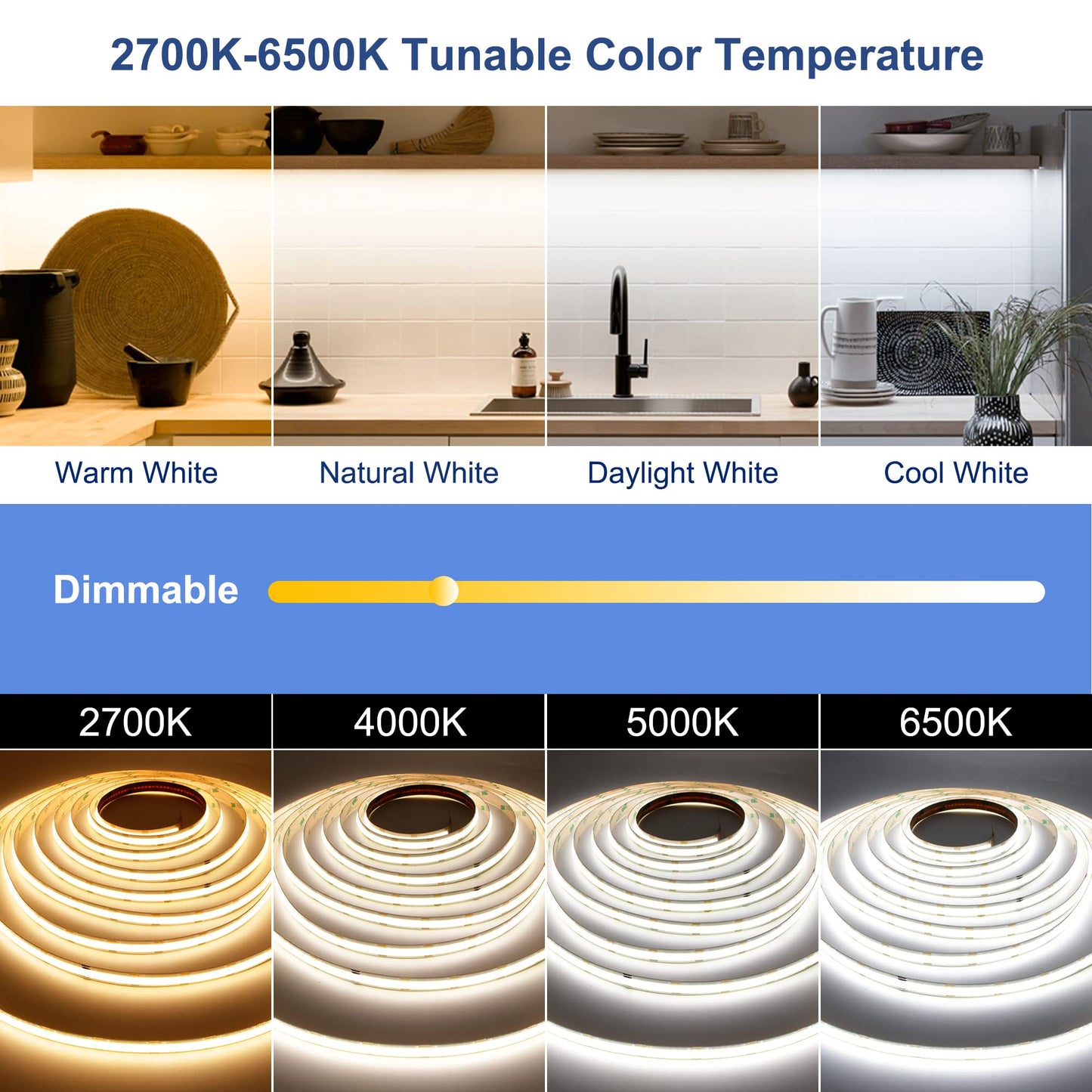CCT COB LED Strip Lights, 9.8ft Dimmable 2700K-6500K 24V Tunable White LED Light Strip Kit, High Density CRI 90+ LED Strips with Remote Controller and Power Supply, for Bedroom Kitchen Home Lighting