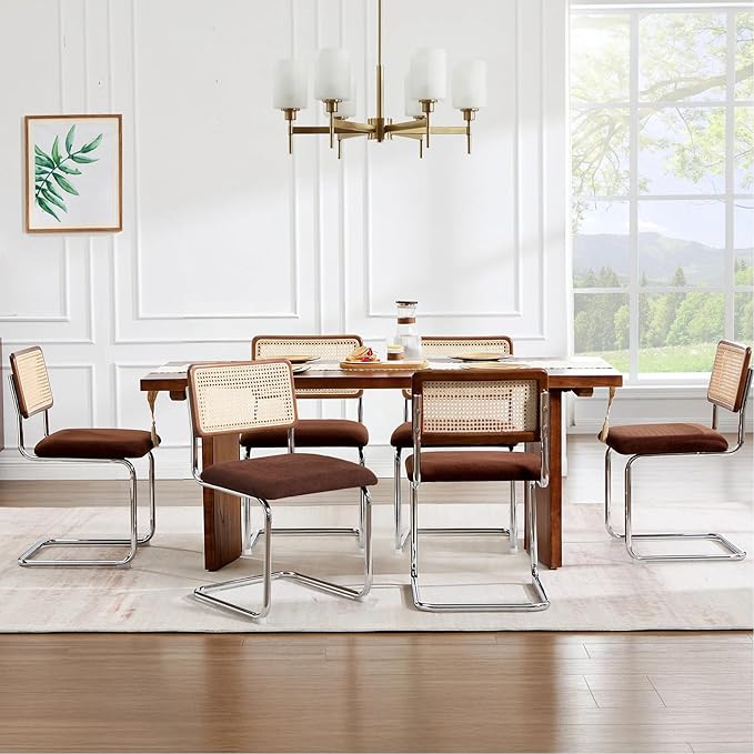 Zesthouse Rattan Dining Chairs Set of 6, Mid Century Modern Dining Room Chairs with Natural Cane Mesh & Chrome Base, Brown Cesca Chair Chenille Fabric, Farmhouse Kitchen Chair with Solid Wood Back