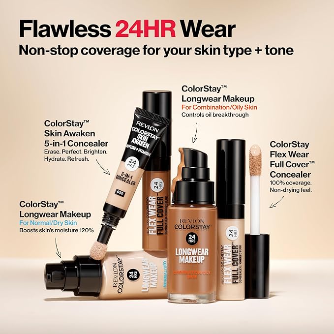 Revlon ColorStay Flex Wear, Full Cover Non-Creasing Concealer, Infused with Hyaluronic Acid & Vitamin E, Flexible Longwear, 050 Medium Deep, 0.34 Fl Oz