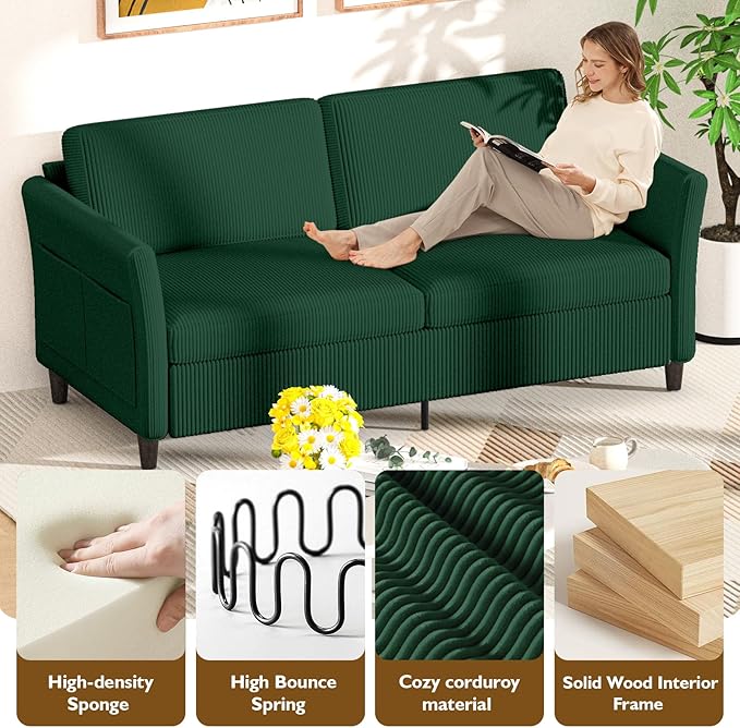 Valthie 79.1" Corduroy Loveseat Sofa, Modern Comfy Couches with Side Pocket, 3-Seater Sofa Couch for Living Room, Bedroom and Small Spaces,Green