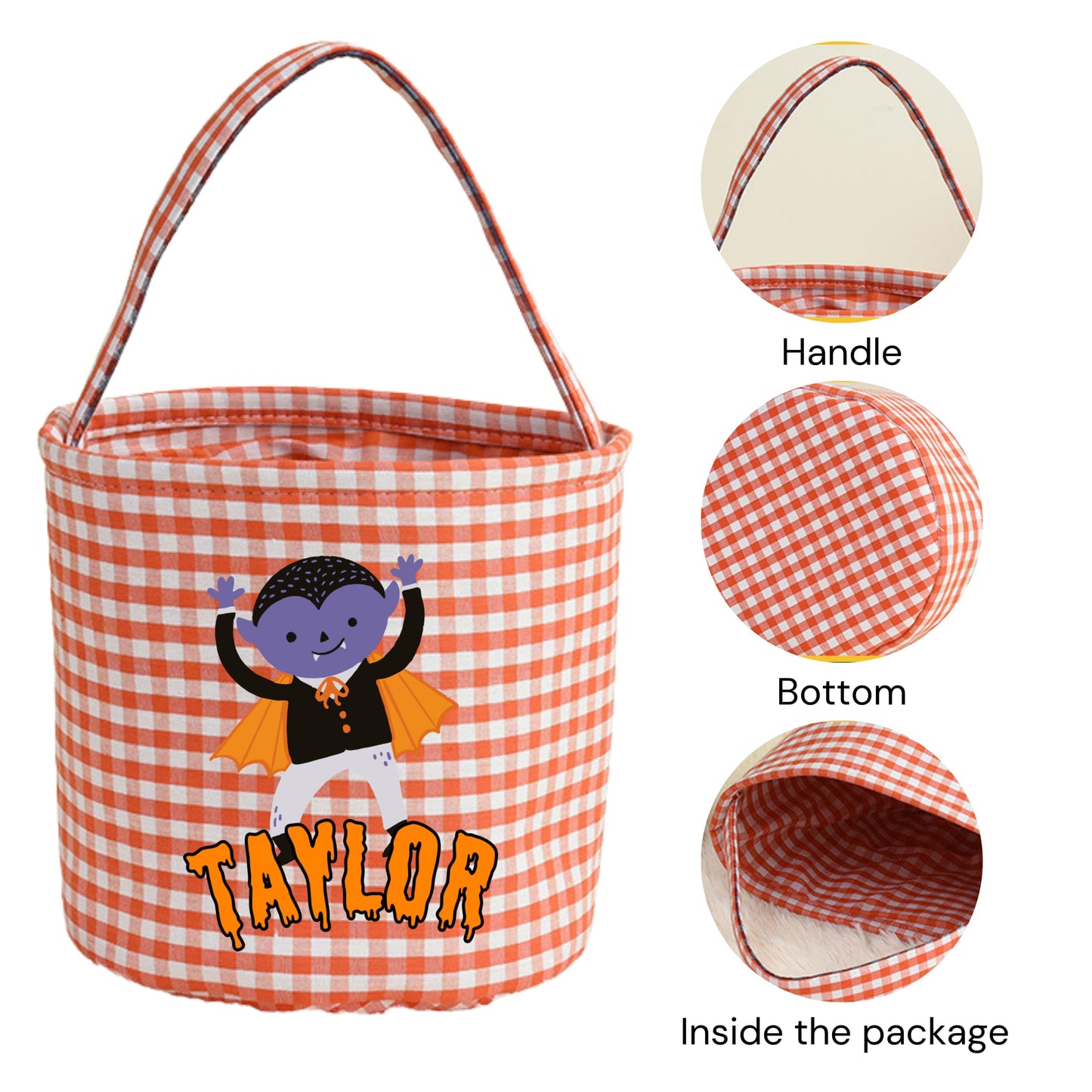 Personalized Halloween Basket,Trick or Treat Basket with Name,Custom Gingham Bag, Halloween Bucket Tote, Ghost Design Trick or Treat Bucket for Kids