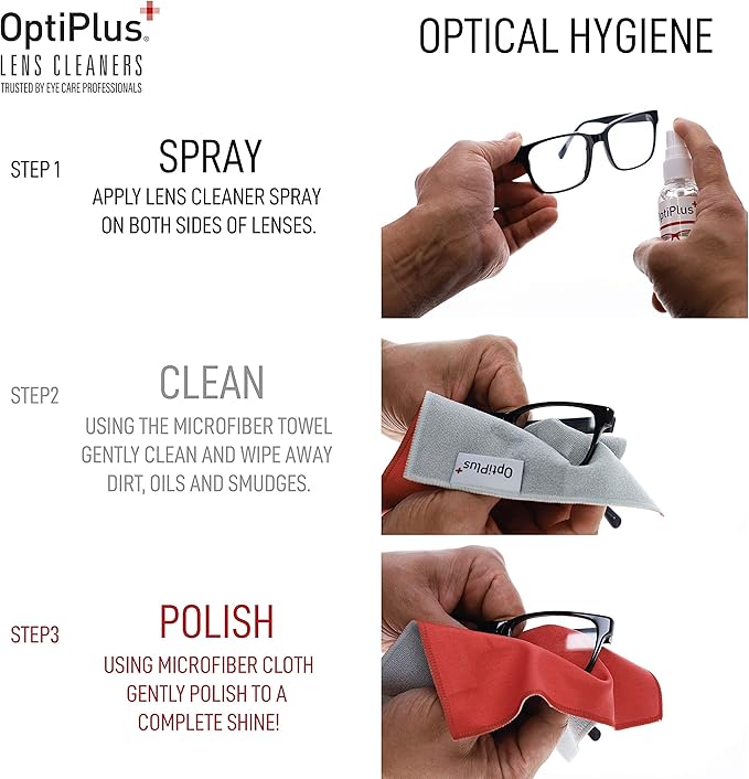 OptiPlus All-Natural Lens Cleaning Spray and Dual-Purpose Microfiber Cloth | Streak-Free Spray for Glasses, Laptops Screens, Smart Phones, Optical Lens, Goggles, and Watch Screen l Travel Size l 2oz