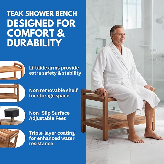 EcoDecors Eleganto 24 Inch Natural Color Waterproof Teak Wood Shower Bench Stool Seat Chair For Inside Shower Provides Safety, Storage, and Organization For Bathroom Accessories