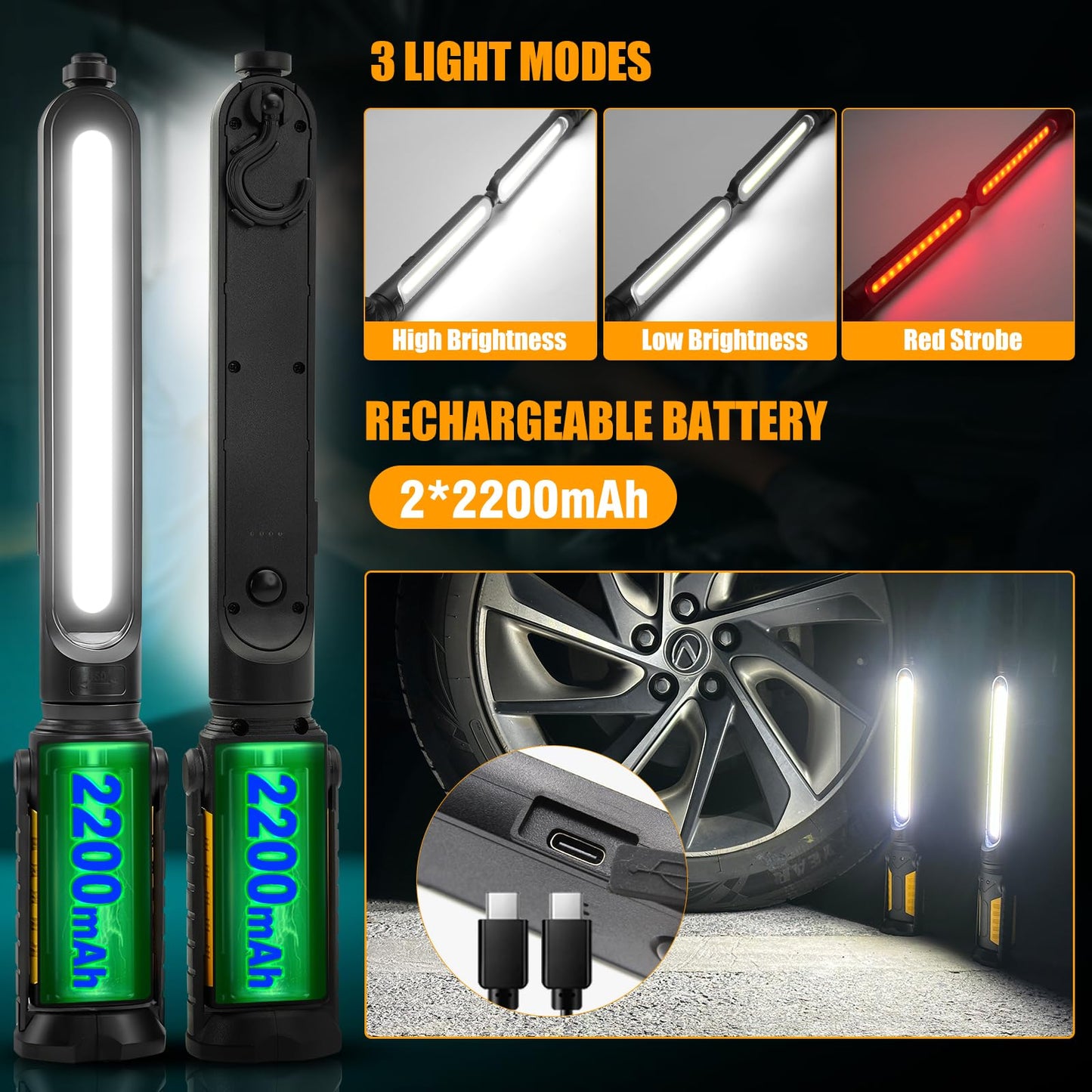 SYLSTAR Mechanic Work Light Bar with Upgraded Sensor Control - 2400LM LED, 4400mAh Rechargeable Underhood Work Light with Hooks & Magnetic Base for Car Repairing, Garage Workshop, Emergency