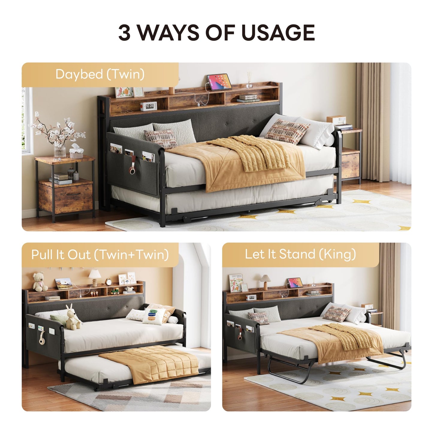 LIKIMIO Daybed with Trundle, Twin Bed Frame with Upholstered Headboard and Charging Station, Sofa Day Bed with Strong Supports for Living Room, Bedroom and Guest Room, Black