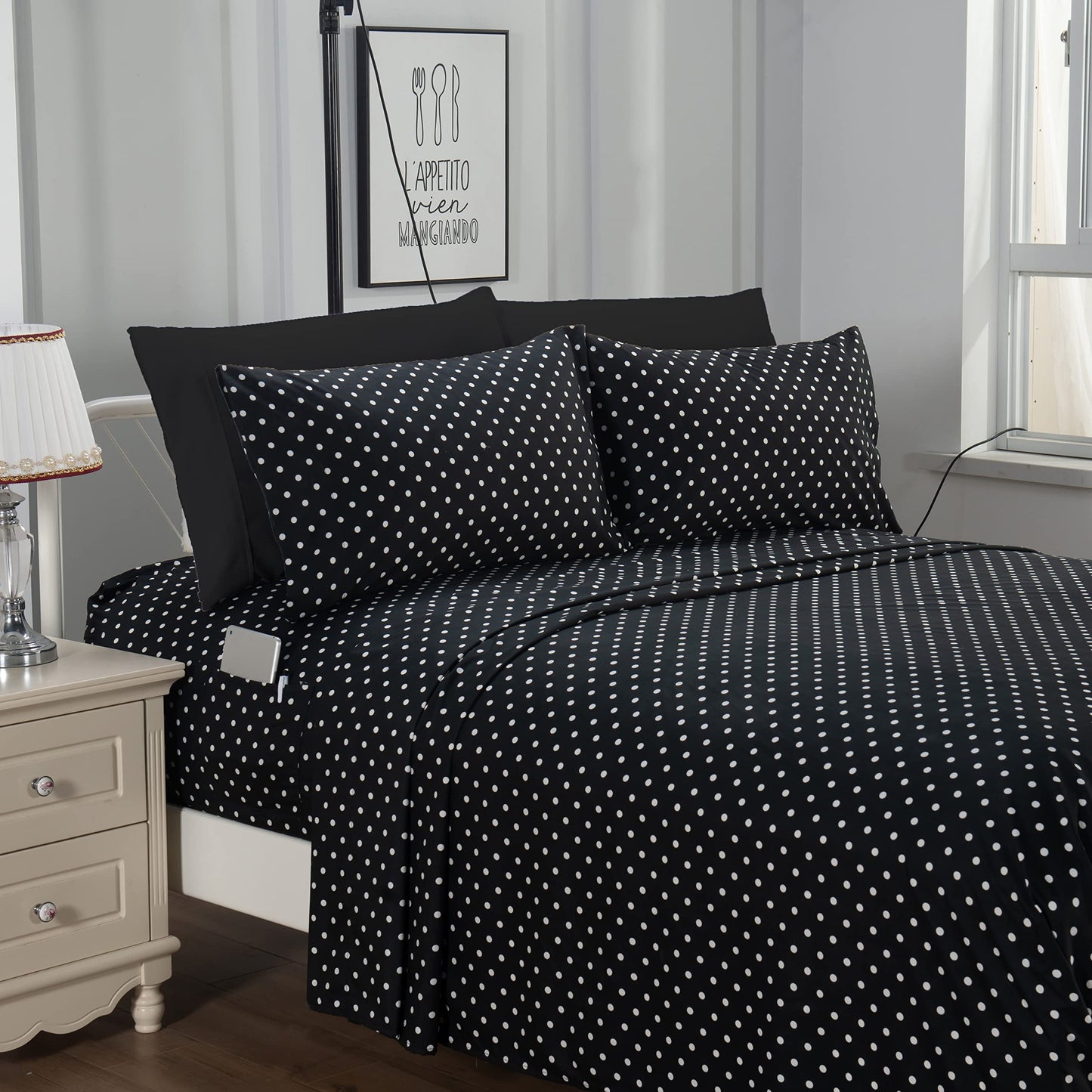 Elegant Comfort Luxury Soft Bed Sheets Polkadot Pattern - 1500 Premium Hotel Quality Microfiber Softness Wrinkle and Fade Resistant (6-Piece) Bedding Set, King, Black
