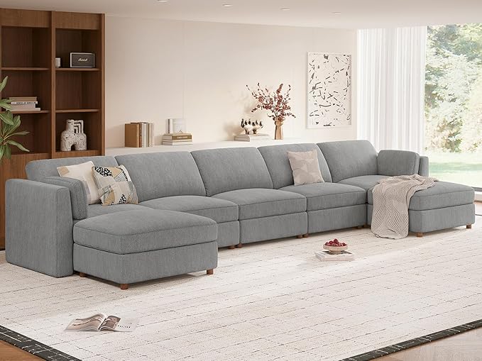 CUGOAO 188.7'' Modular Sectional Sofa, Oversized U-Shaped Sectional Couch with Ottoman, Deep Seat Chenille Cloud Couch, Mordern Upholstered Couches for Living Room, Apartment, Office, Grey