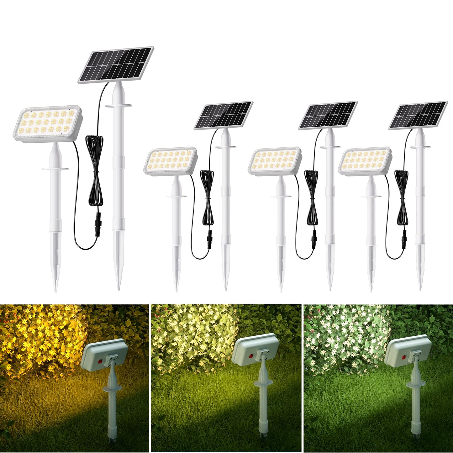 JACKYLED Solar Spotlights Outdoor Waterproof, Solar-Powered Spot Lights with 10ft Cord, IP65 Waterproof Solar Landscape Lights for Yard, Garden, Pathway, 4-Pack（Warm & Cool White）