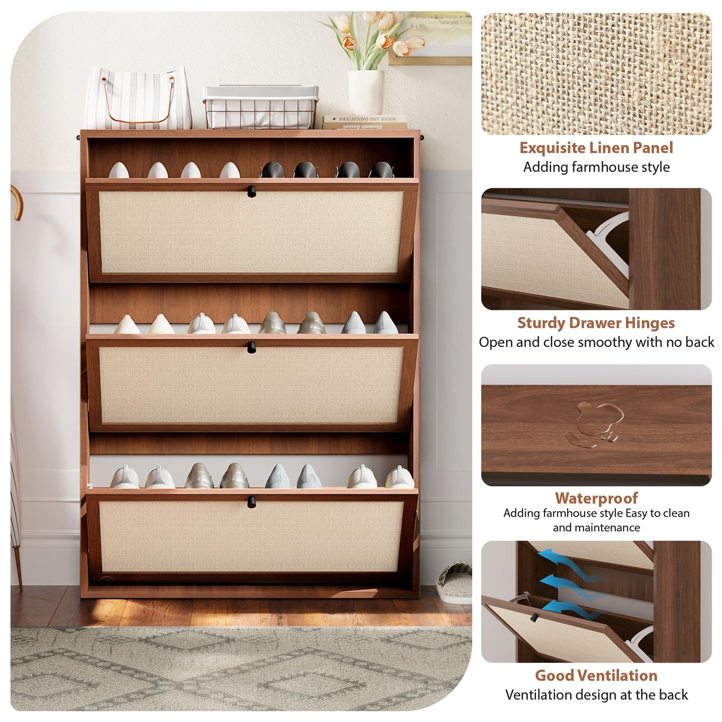 AVZEAR Narrow Shoe Storage Cabinet for Entryway with Natural Linen Panel, Freestanding Slim Shoe Cabinet with 3 Flip Drawers, Wood Shoe Organizer Closed Shoe Rack for Hallway, Living Room(Walnut)