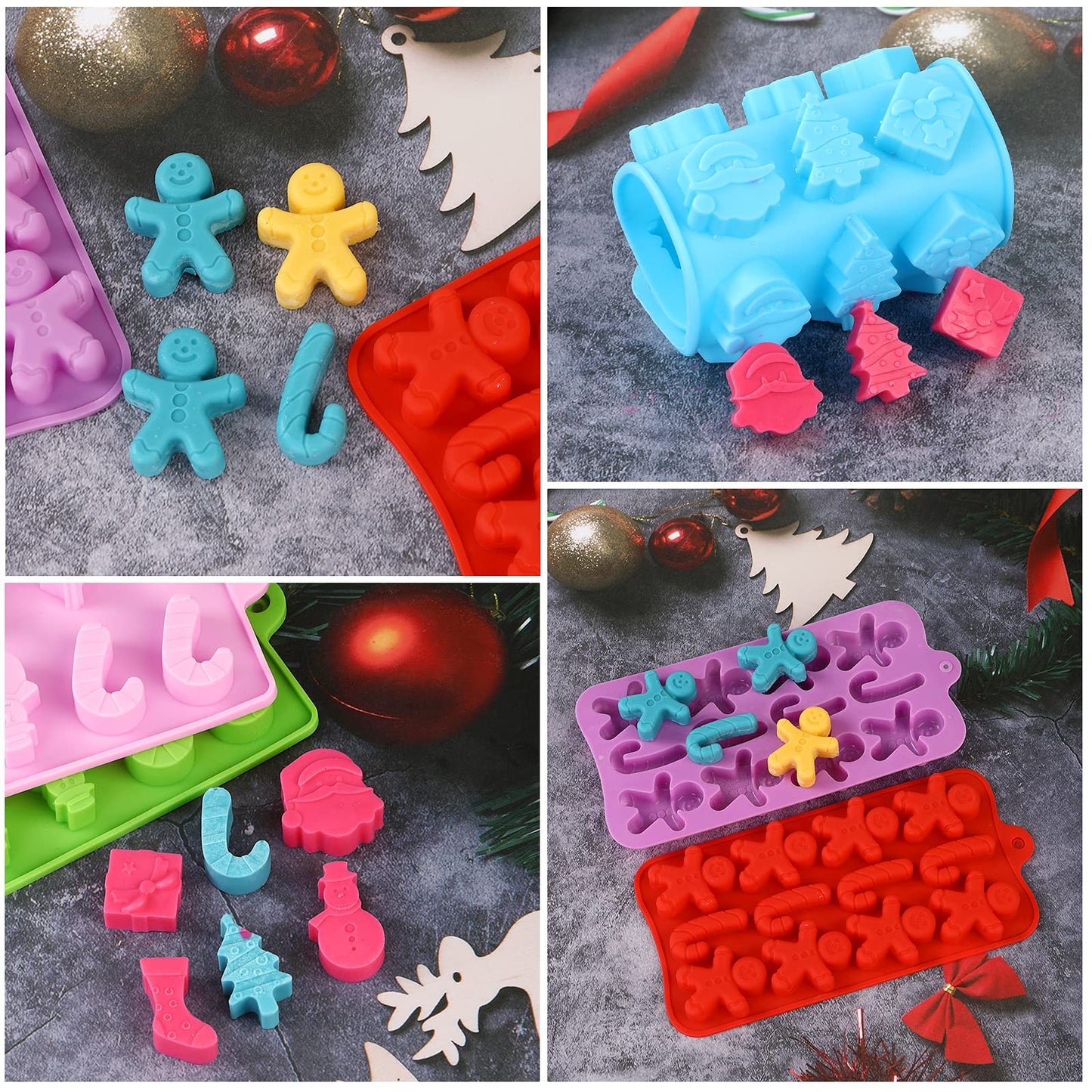 Christmas Silicone Chocolate and Candy Molds, Small Baking Molds for Cake Toppers, Santa Clause Snowman Christmas Tree Presents Gingerbread Stockings Star Candy Cane Molds 6Pcs