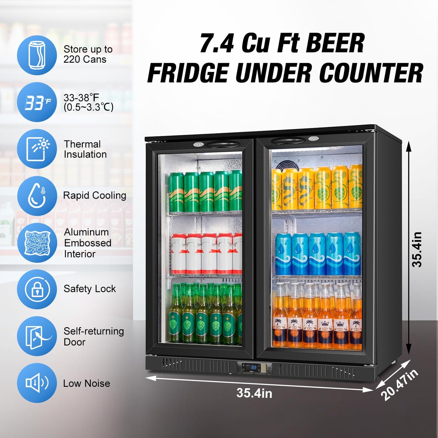 Beverage Refrigerator Under Counter, Back Bar Cooler with 2 Glass Door, Commercial Display Fridge 35.42 Inch Wide 7.4 Cu.Ft, Drink Fridge for Beer Soda Wine, Beverage Cooler for Kitchen Shop Bar