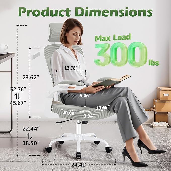 AreShark Office Chair Ergonomic Desk Chairs with Adjustable Lumbar Support& Headrest Hanger, High Back Breathable Mesh Chair with Wheels, Rolling Swivel Comfy Task Computer Chair for Home Work Gaming