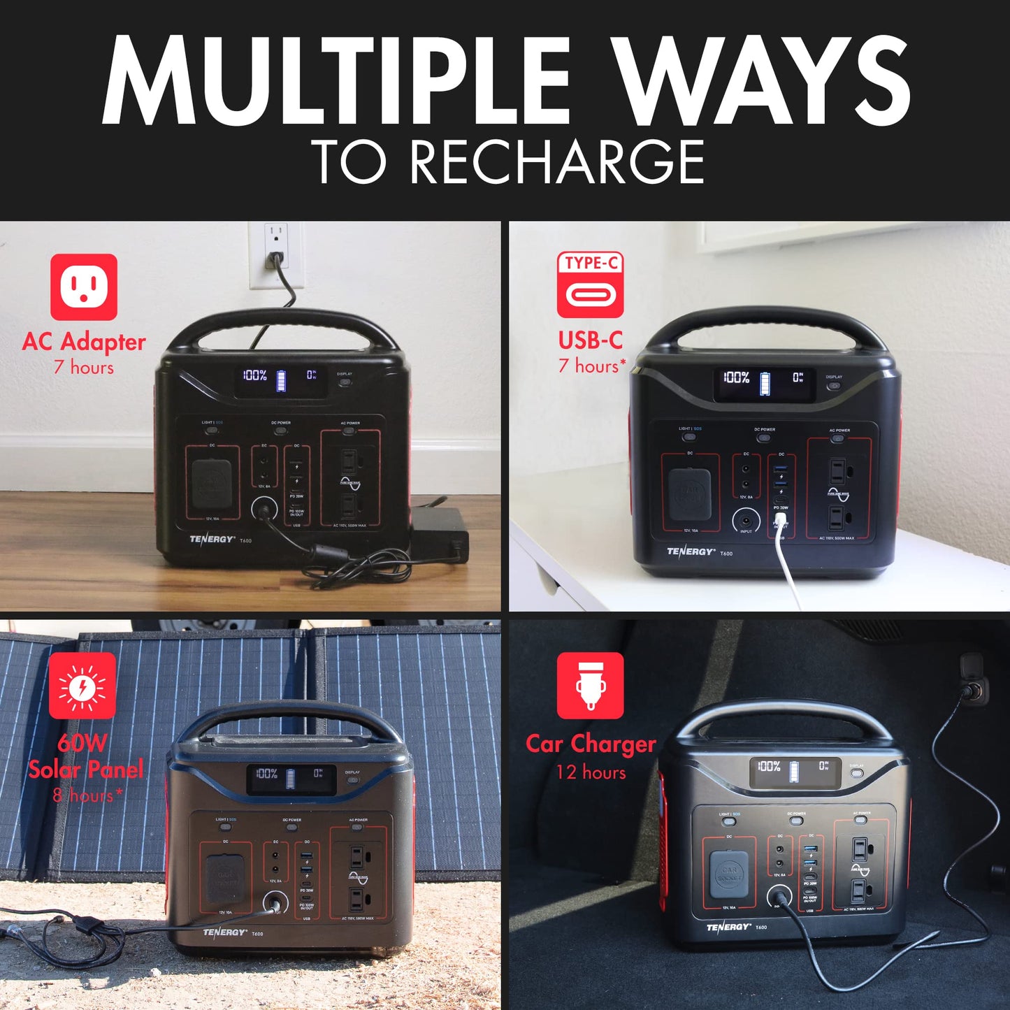 Tenergy T600 Portable Power Station, 600Wh Battery, 3X 500W (Peak 1000W) Ac Outlets, Usb Type C Pd 100W, Solar Ready Mobile Powe