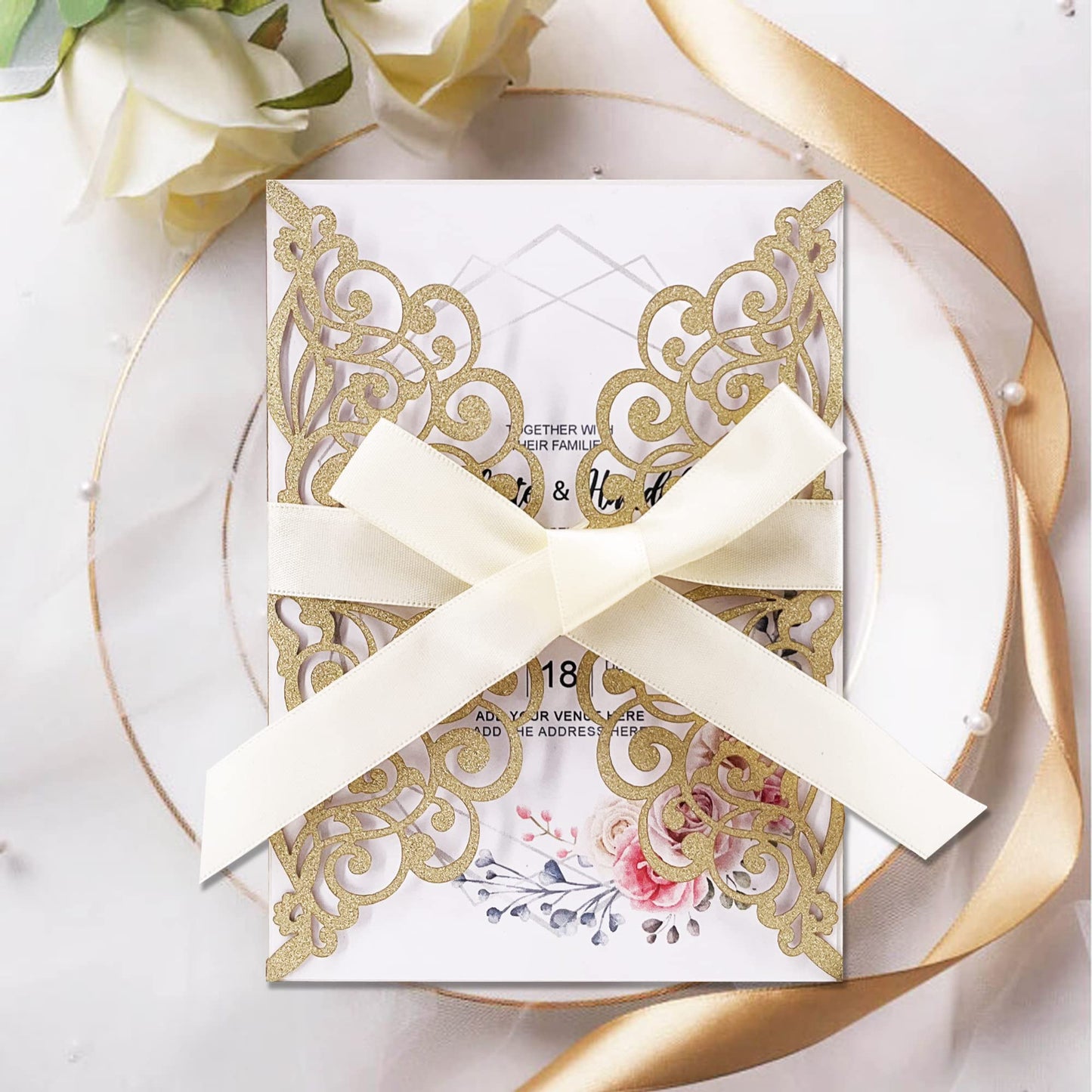 Fashmade 50Pcs Laser Cut Wedding Invitation With Glitter Envelopes And Ribbons Blank Personalized Card Invitaciones Para quinceañera Birthday Baby Shower Christmas Party Bridal Shower (Gold)