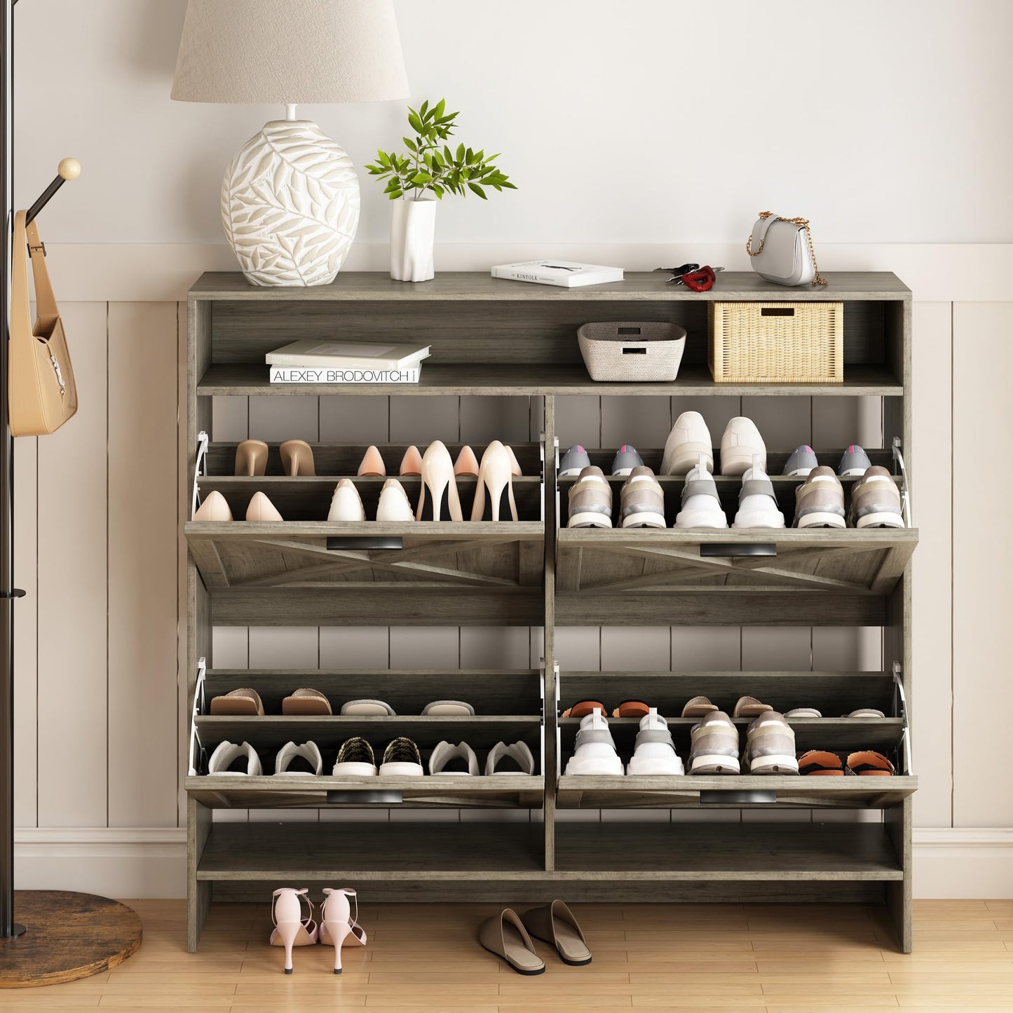 AesthLife Shoe Storage Cabinet with 4 Flip Drawers, Sturdy Anti-Tip Design Shoe Rack Cabinet for Entryway, Hallway, Apartment (Rustic Grey)