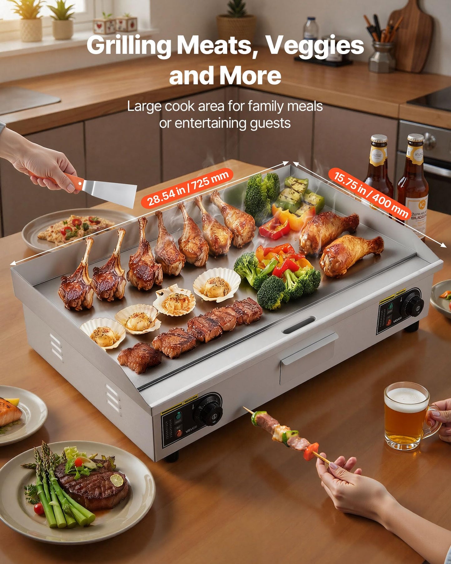 VEVOR Commercial Electric Griddle, 28.54 x 15.75 in, 4400W, 122-570°F Adjustable Temp Control, Stainless Steel Countertop Full Flat Top Grill with 2 Spatulas and 2 Brushes, for Steak, Pancake, Squid