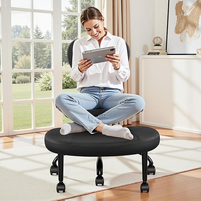 Ergonomic Cross Legged Office Chair with Wheels - Adjustable Height for Meditation, ADHD Desk & Yoga - Wide Criss Cross Design with Lumbar Support, Kneeling Chair - Jet Black