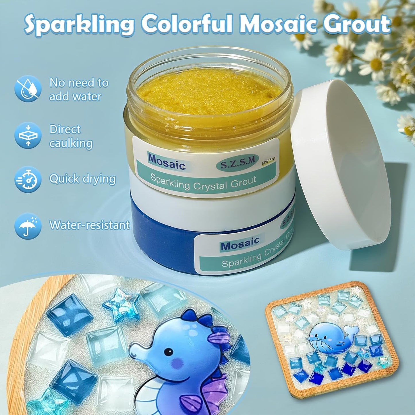 Mosaic Grout for Crafts, Sparkling Colorful Crystal Sealant is Specially Designed for Use in Mosaic Kits for Adult to Decorate Tessellated Coasters, Table Tops, Walls and Vases, Green, 5 oz
