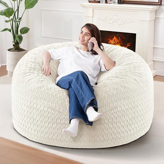 HABUTWAY 3FT Bean Bag Chair,Giant Bean Bag Chairs for Adults,Big Bean Bags with Memory Foam Filled, Large Beanbag Chairs with Chevron Plush Cover-White
