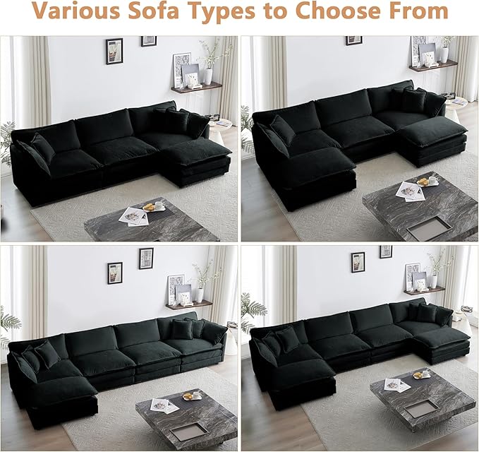 mikibama Luxury Modular Sectional Sofa, 111.5" Modern Chenille Comfy Cloud Couches for Living Room Office, 3 Seater Deep Sofa with 2 Armrest Pillows and 3 Toss Pillows, Black