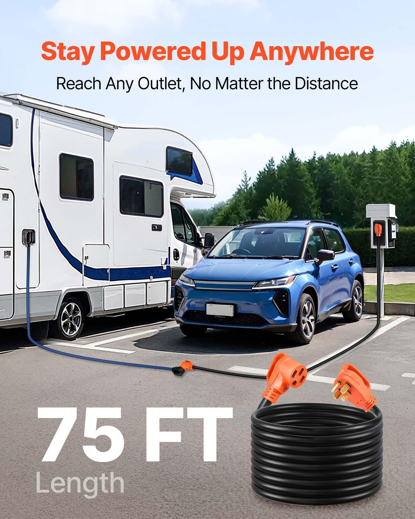Vevor 75 Ft Rv Extension Cord, 50 Amp, 125V/250V 7500W Heavy Duty Stw 6/3 + 8/1 Gauge Wire, Nema 14-50P Male Nema 14-50R Female
