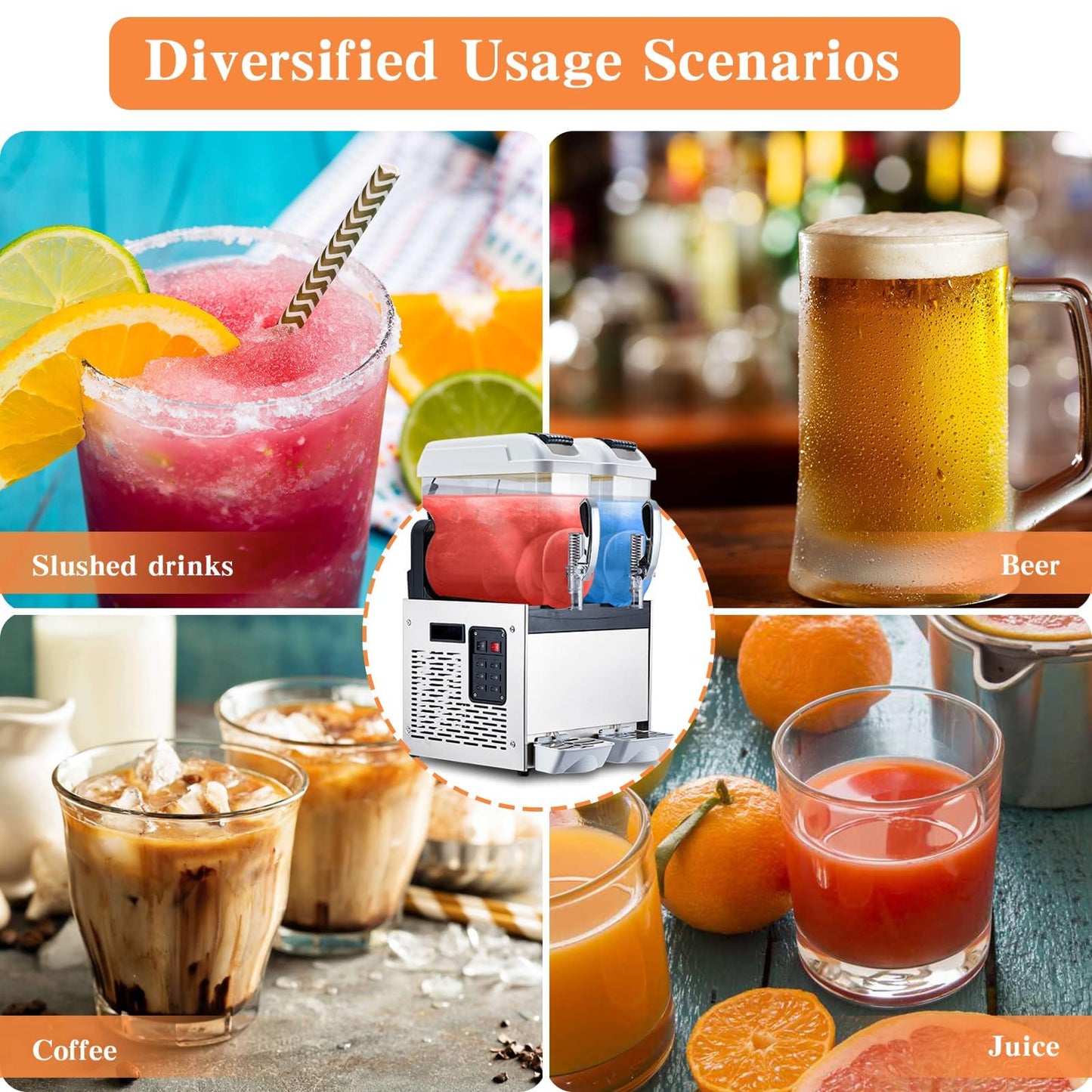Dual-Tank Commercial Slushie Machine,2 Tank Slushie Machine for Home,4L x 2 Tanks,370W Self-Cleaning Stainless Steel, Simultaneous Two-Flavor Operation, High-Volume Frozen Drink Maker for Cafes & Bars