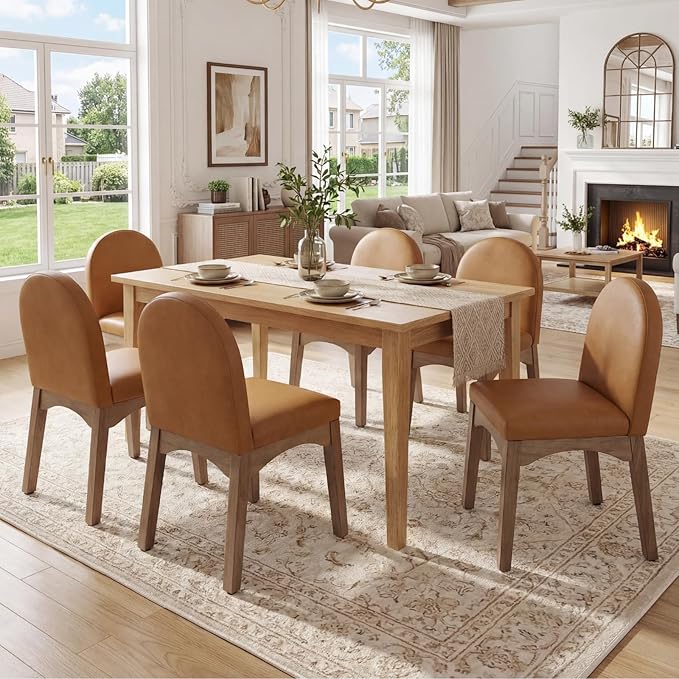 DUOMAY Modern Dining Chairs Set of 6, Mid Century Faux Leather Dining Room Chairs Upholstered Kitchen Chairs with Solid Rubberwood Legs, Armless Accent Side Chairs, Brown