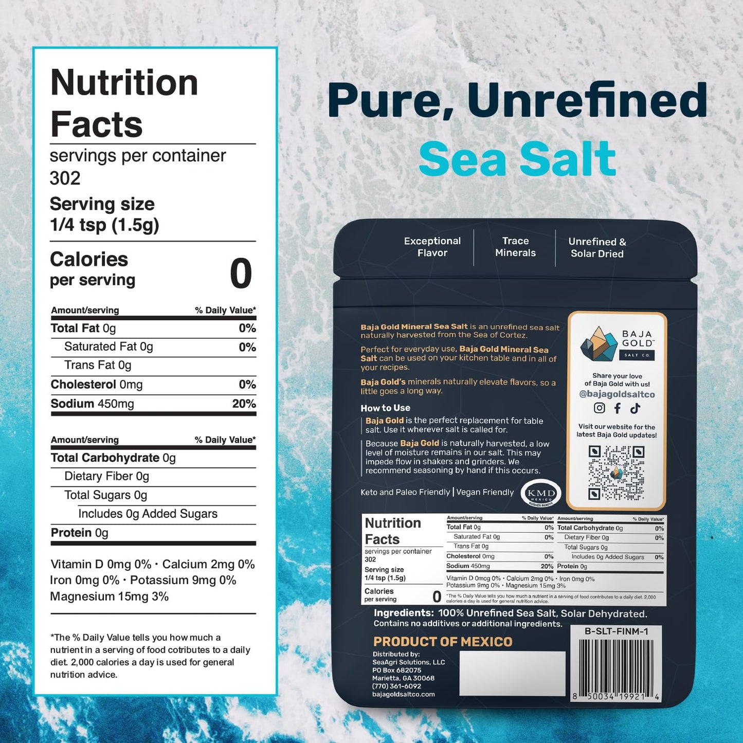 Baja Gold Mineral Sea Salt - Pure & Organic Real Salt for Cooking & Baking | Fine Grind Sea Salt - Low Sodium | Natural Baja Salt - Ideal for All Culinary Uses | 1 lb. Resealable Bag, 300+ Servings