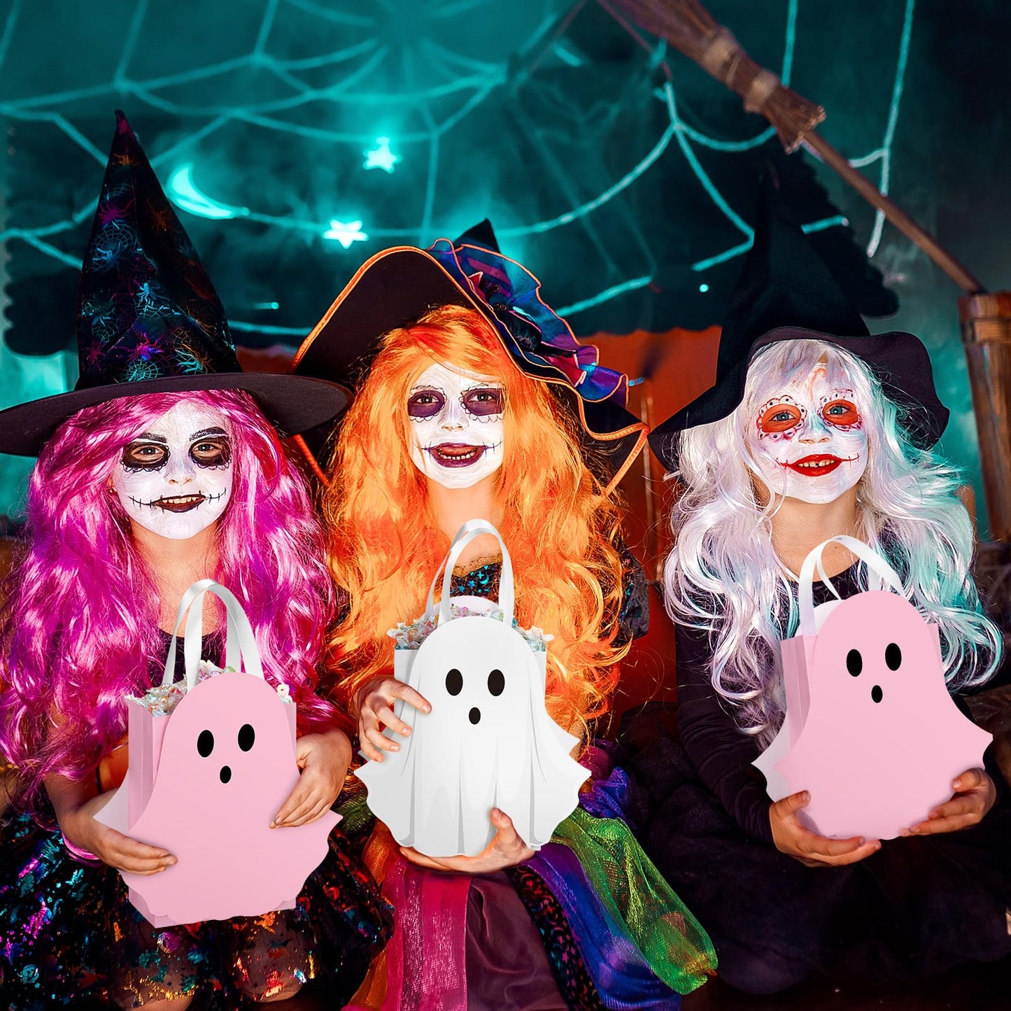 Sweetude 24 Pcs Halloween Ghost Paper Gift Bags Pink and White Ghost Shaped Goodie Candy Bags Bulk with Handles Trick or Treat Party Favor for Holiday Spooky Birthday Party Gift Wrap Supplies