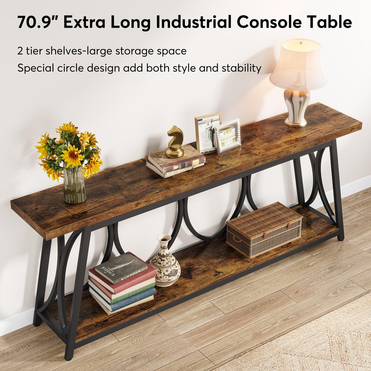 Tribesigns 70.9 inch Extra Long Console Table, Industrial Sofa Table Behind Couch with 2 Tier Storage Shelf, Narrow Entryway Hallway Accent Table for Living Room, Rustic Brown