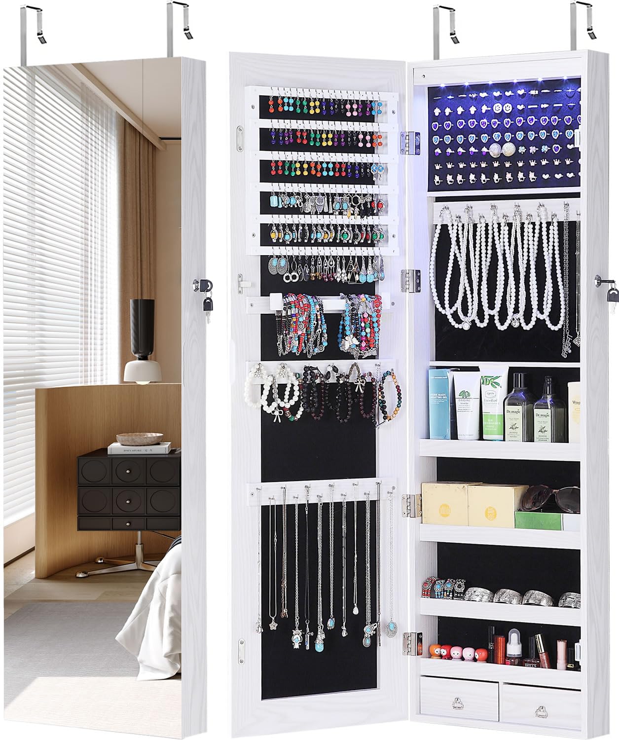 GISSAR Full Length Mirror Jewelry Cabinet, 6 LEDs Jewelry Armoire Wall Mounted Over The Door Hanging, Jewelry Organizer Storage with Lights Lockable White