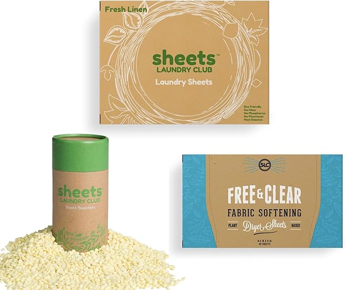 Sheets Laundry Club Bundle - 50 Pack (up to 100 loads) Fresh Linen Detergent Sheets, 40 Pack Vitality Dryer Sheets & 8 Oz. Uncharted Waters Scent Booster - New Liquidless Technology