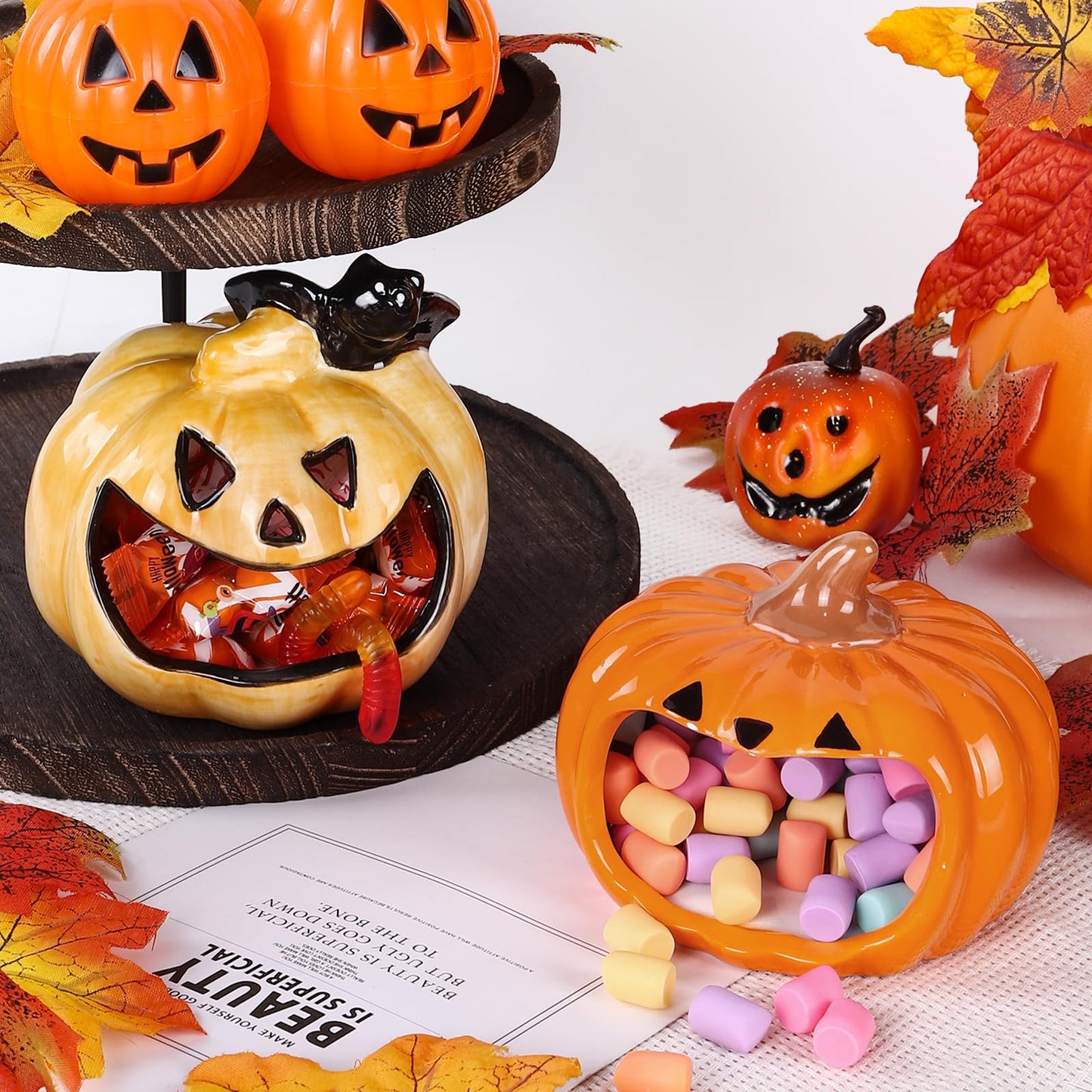 DIYDEC 2pcs Halloween Candy Bowls, Pumpkin Candy Dish Candle Holder Pumpkin Ceramic Bowl Tableware Decorations for Halloween Tiered Tray Ornament Home Decor
