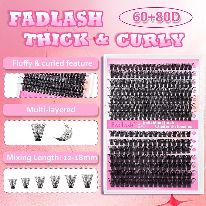 FADLASH Eyelash Extension Kit Lash Clusters D Curl Mix Tray Thin Band DIY Lash Extension Kit with Lash Bond and Seal Lash Tweezers Eyelash Applicator Tool Individual Lashes(60D+80D Kit,07D-10-18mm)