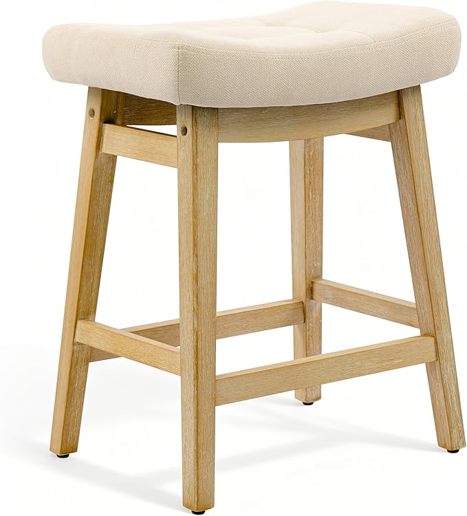 RNKSFX Counter Height Bar Stool for Kitchen Counter Modern Backless Barstool with Upholstered Fabric Seat and Solid Wood Leg Farmhouse 24 inch Bar Chair, Khaki + Wood Color, 1pc