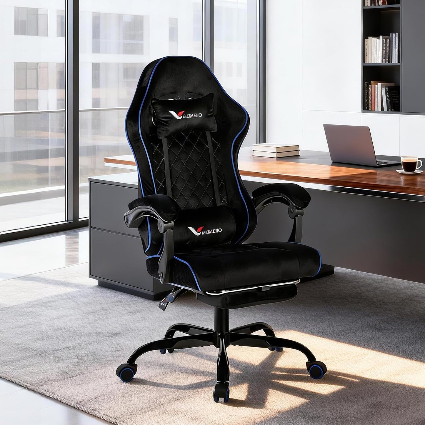 Velvet Gaming Chair for Adults with Pocket Spring Cushion Seat,Soft Gaming Chair Fabric with Extendable Footrest, Swivel Recliner with Ergonomic Lumbar Support and Headrest for Home/Office(Blue)