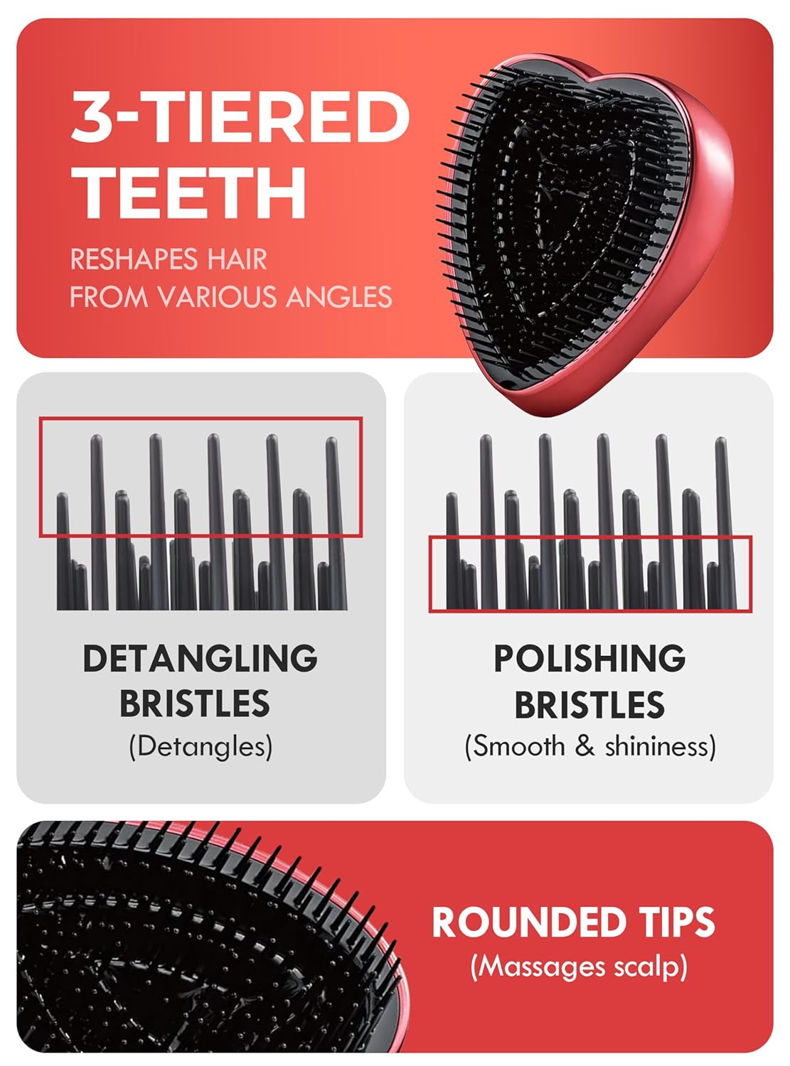 ReFa Heart Brush SHINE RED | Heart Shaped Hair Brush for Women | No Tangle Hair Brush | Small Hair Brush for Thick Hair | Hair Detangler Hair Brush Travel Hair Brush