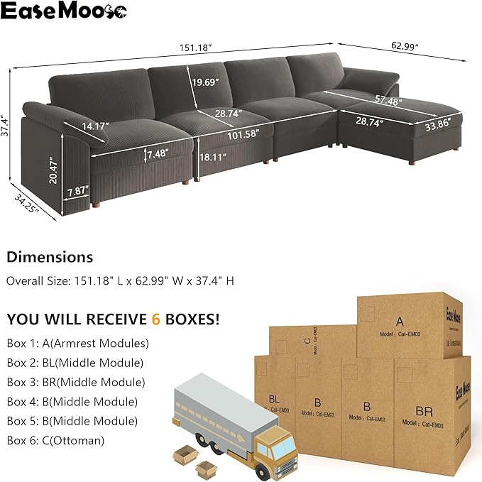 EASE MOOSE Sectional Modular Sofa,Oversized L Shape Sectional Couch Wide Deep Seat Modular Cloud Couch for Living Room,Dark Gray Removable and Washable