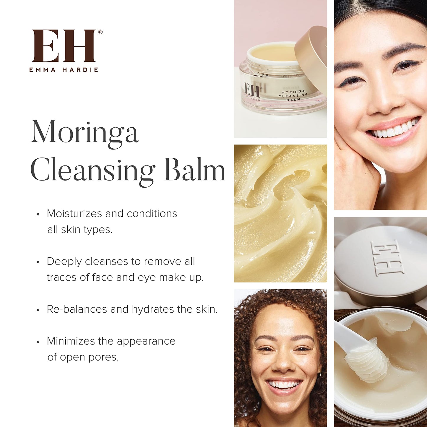 Emma Hardie 100ml Moringa Cleansing Balm with Cleansing Cloth Set, No-Rinse Formula Removes Face & Eye Make Up, Moisturizes & Hy
